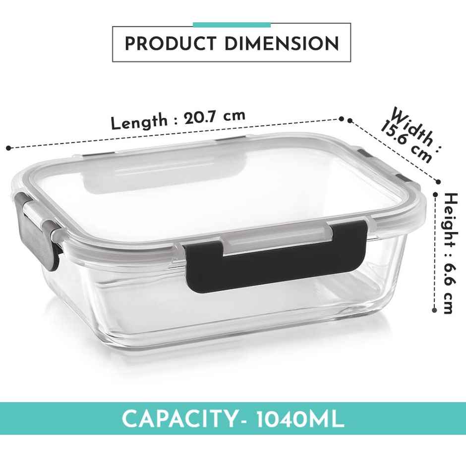 Magnus Glock 1040 ml Rectangle Grey Borosilicate Glass Container With Detachable Lock