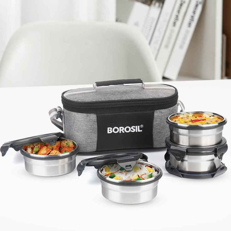 Borosil Feast Stainless Steel Lunchbox with Carry Bag Universal Tiffin for Office School College