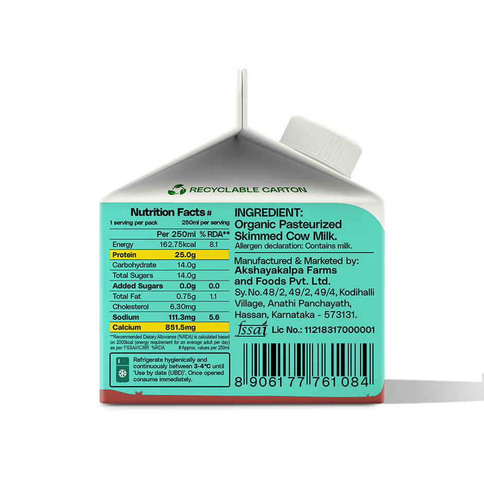 Akshayakalpa Organic High Protein Cow Fresh Milk | 25g Protein | Gable Top Pack