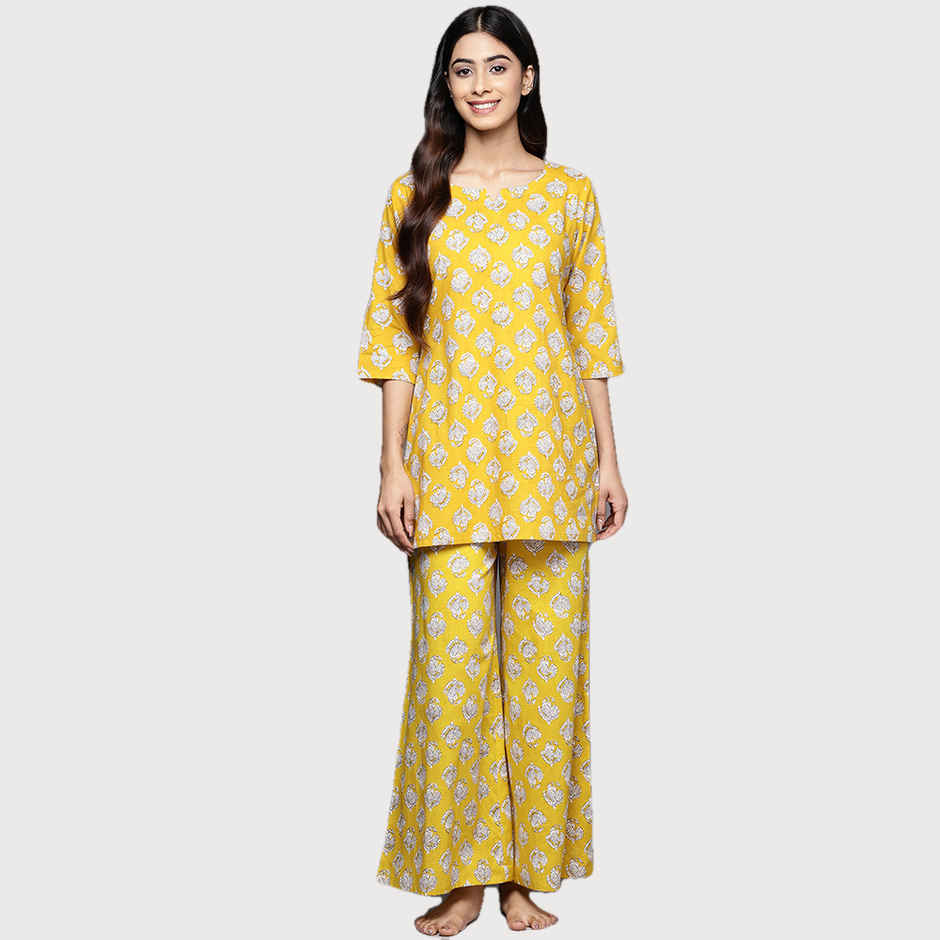 Libas Women Mustard Cotton Floral Kurti With Cotton Pyjamas - 50176M