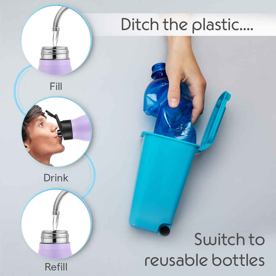 Borosil Grip Go BIS Approved Single Wall Stainless Steel Water Bottle | Purple | 950 ml