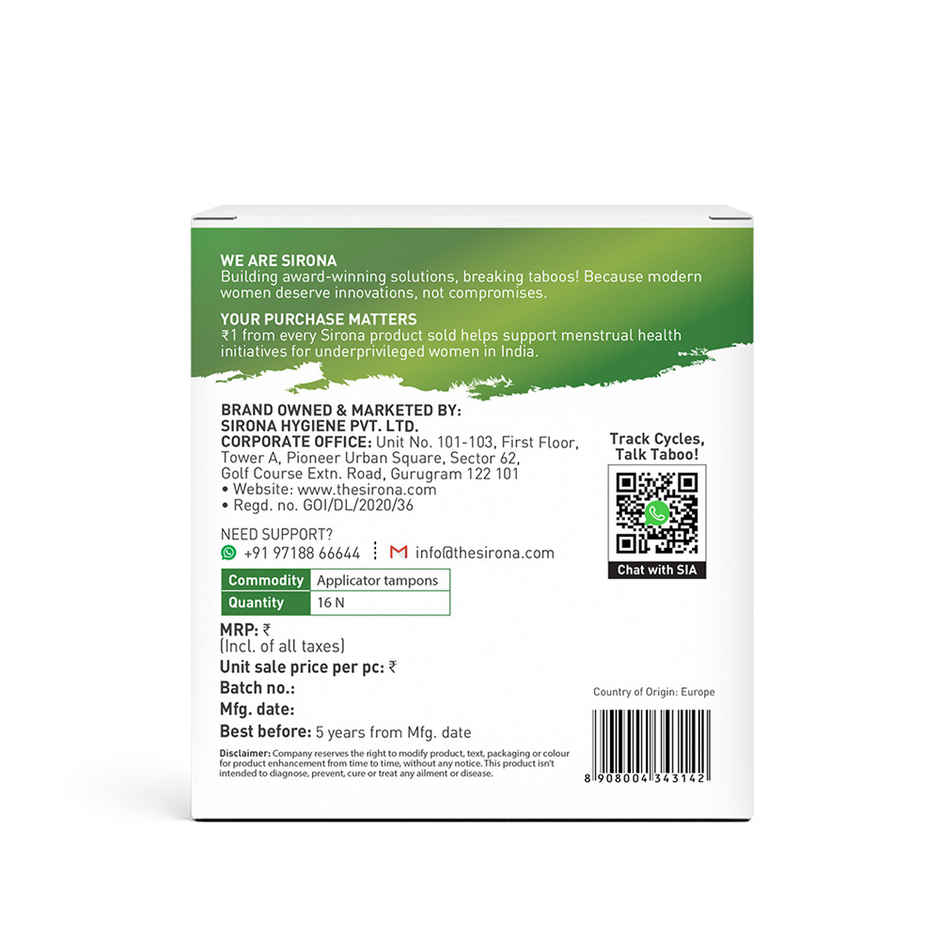 Sirona Applicator Tampon for Women | Heavy Flow | Easy Insertion | Rash, Toxin & Fragrance Free | 8 Hours Leak Protection