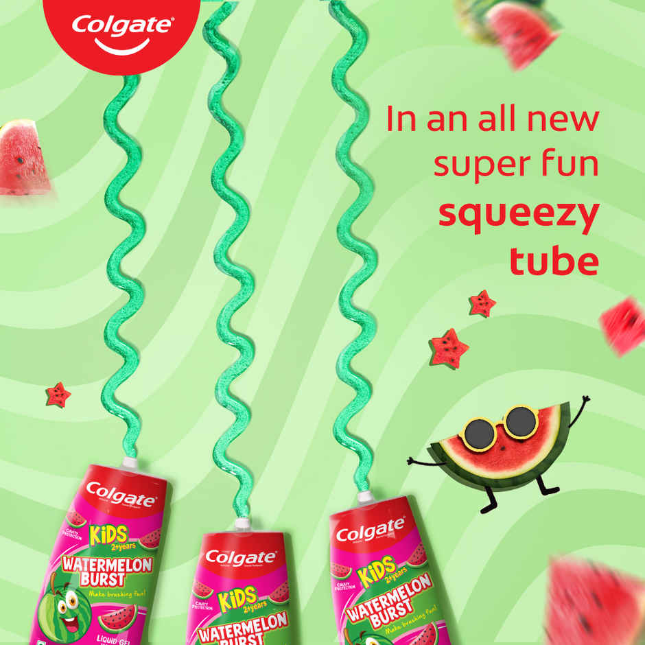 Colgate Kids Toothpaste, Fun Squeezy Bottle, Watermelon Flavor, Safe, Paraben-Free, Age 2-6yr