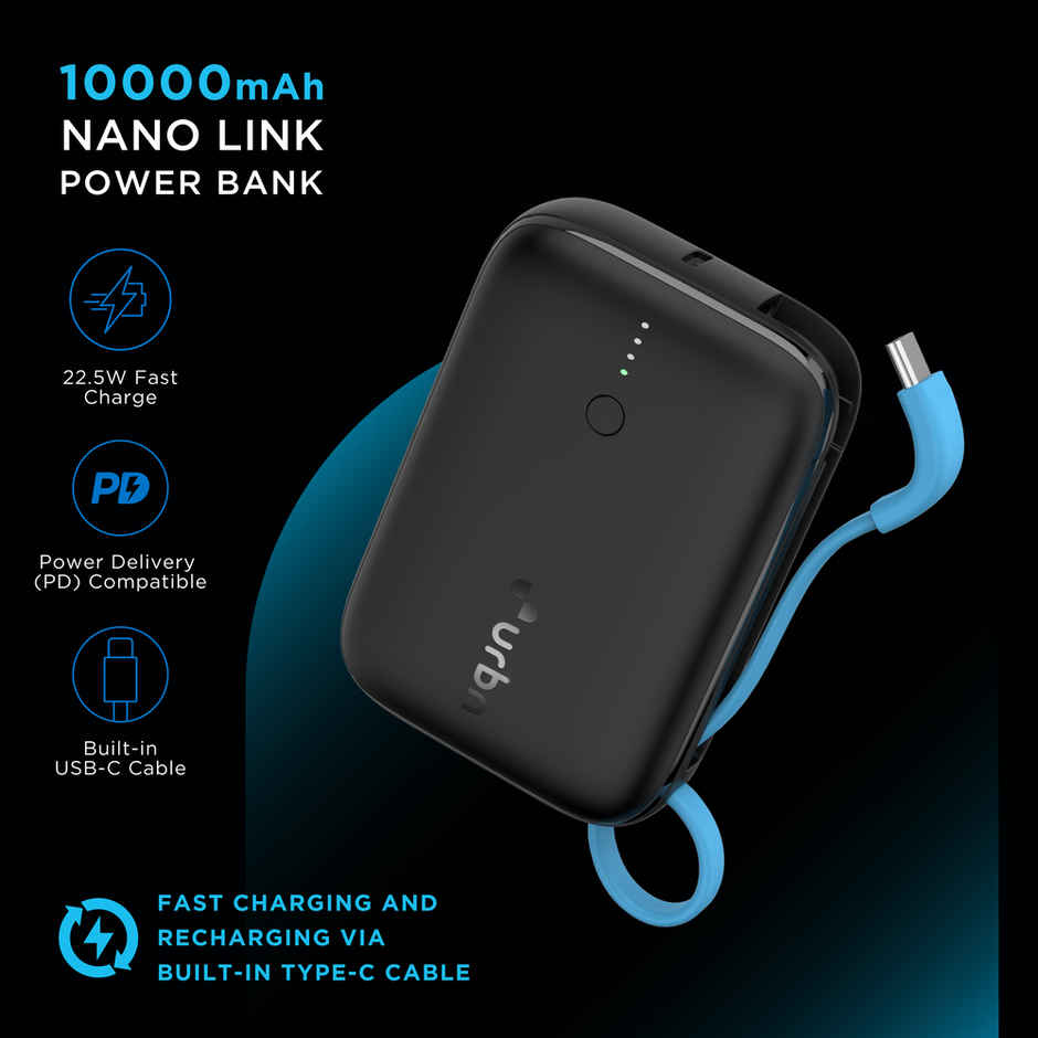 URBN 10000 mAh Nano Link Wired Power Bank with in-Built USB-C Cable| 22.5W Fast Charging | Type C PD (Input& Output) | Made in India | Two Way Fast Charge | for iPhone, Android & More - Black