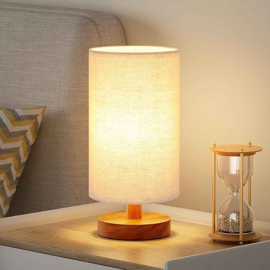 Desidiya Wooden Cylindrical Shade Bedside LED Table Lamp Side Table Lamp for Bedroom & Living Room