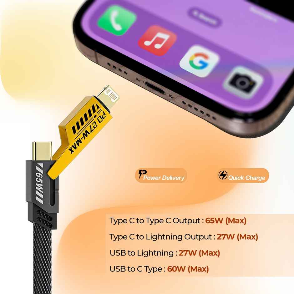 Gizmore 4 in 1 Multi Fast Charging Cable 65W| USB C to C| Lightning & Type C for iPhones| Android