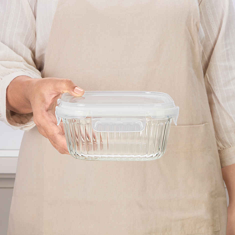 Borosil Fluted Klip N Store Square Food Storage Container Borosilicate Glass Microwave Safe