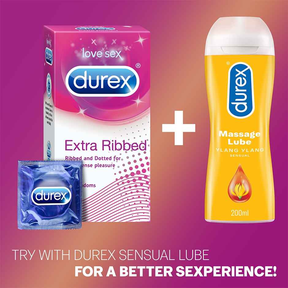 Durex Extra Ribbed Condom - Dotted & Ribbed Condoms (10pc) & Durex Lube - Real Feel - Long Lasting Lubricant (50ml) Combo