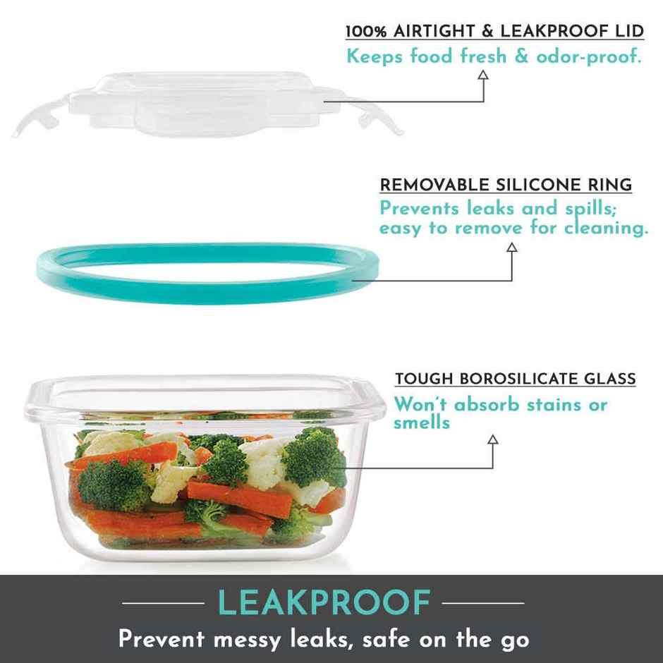 Magnus Vivid 320 ml Square Green Borosilicate Glass Container with Fixed Lock 320 ml