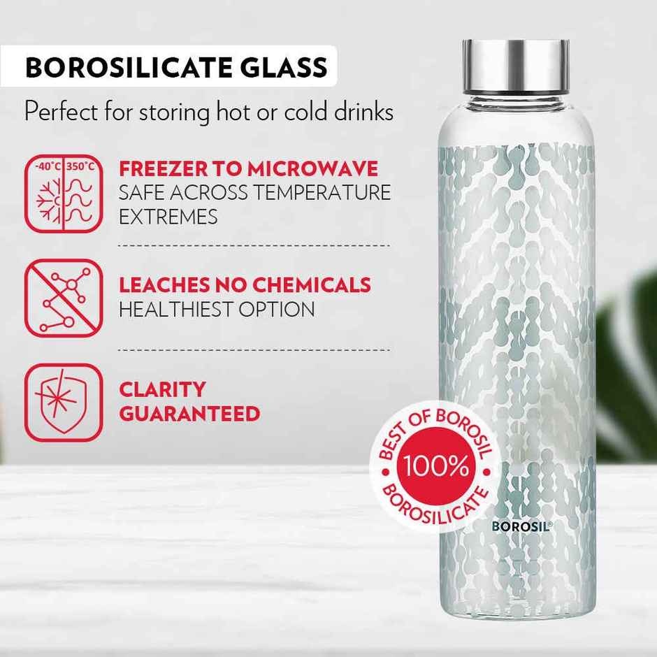 Borosil Vista Narrow Mouth Bottle with Metal Lid Borosilicate Glass Dishwasher Safe