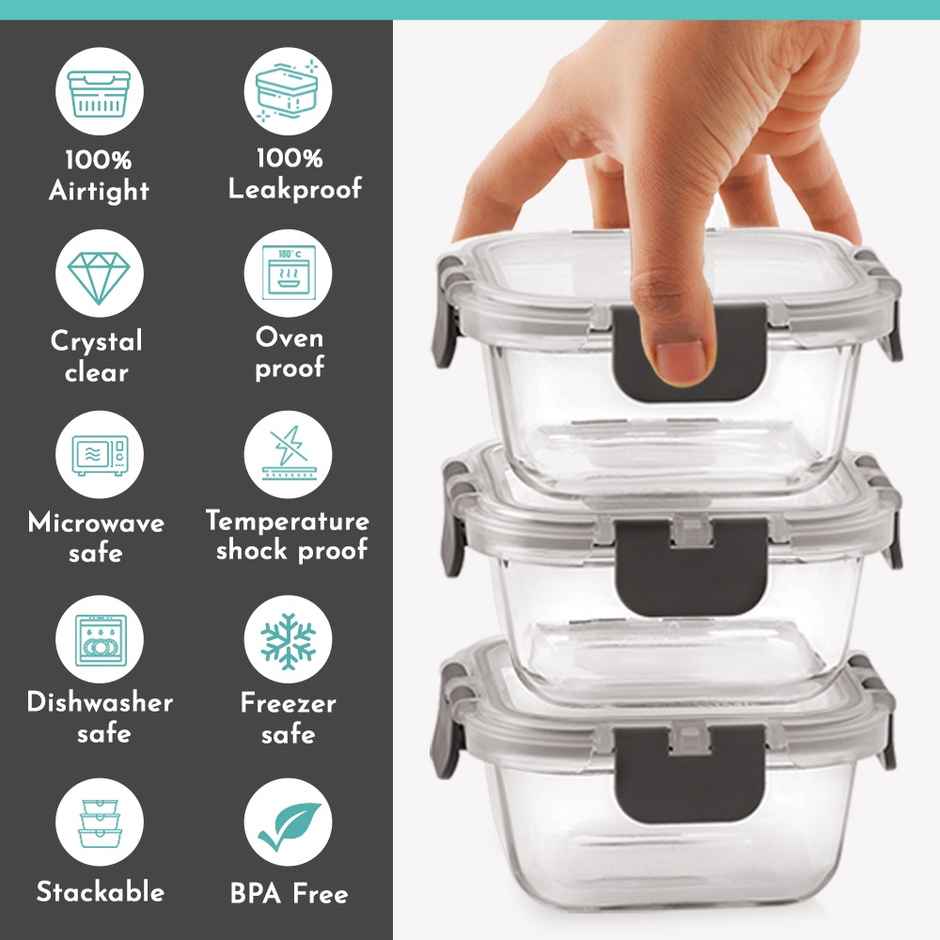 Magnus Glock Solid Lunch Box With Bag, 3pc Square Containers (320 ml Each), Borosilicate Glass Tiffin
