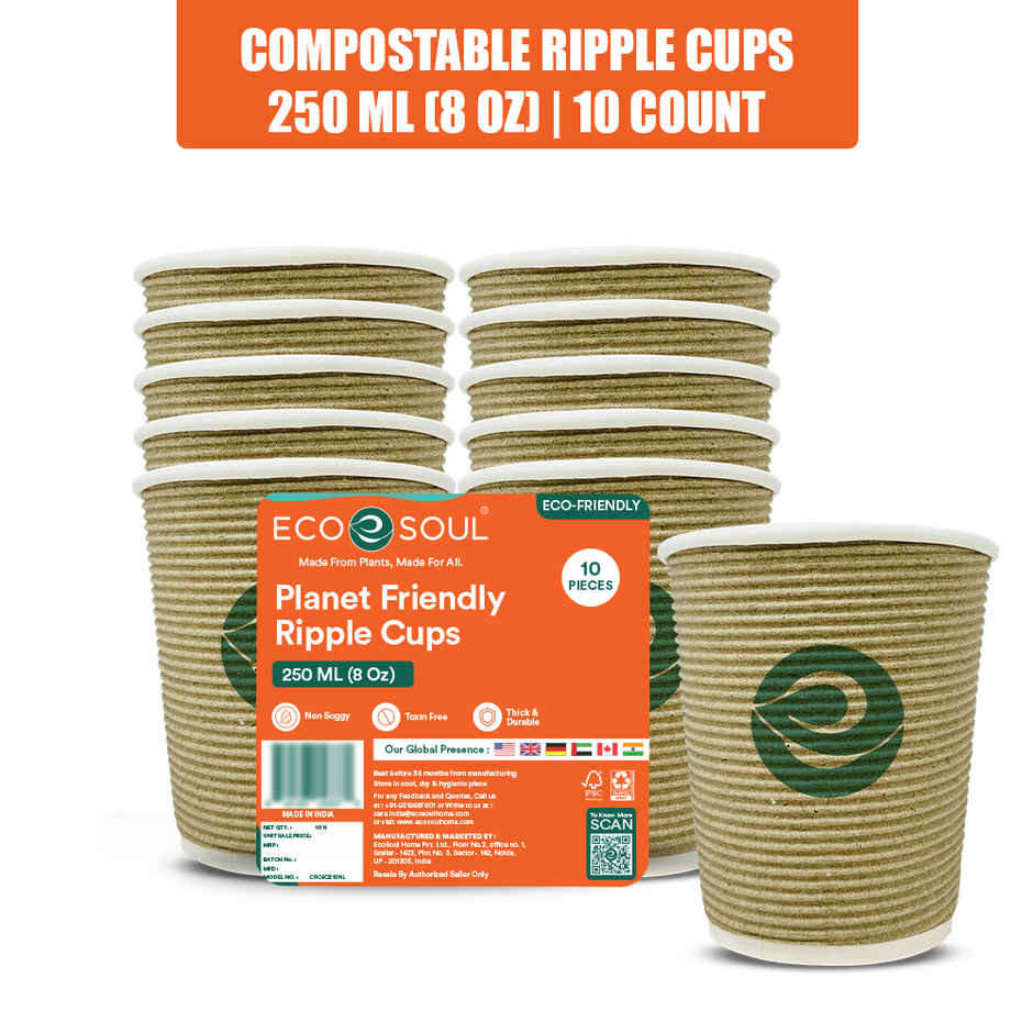 ECO SOUL | Disposable Paper Cups/Glasses | 250 ml | Ripple | 10 Count
