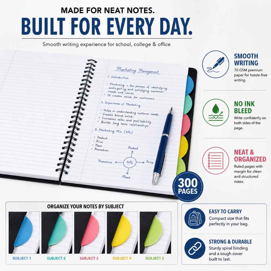 Saya A5 Executive Wiro 5 Subject Notebook | 200 Pages for School, Office & Study