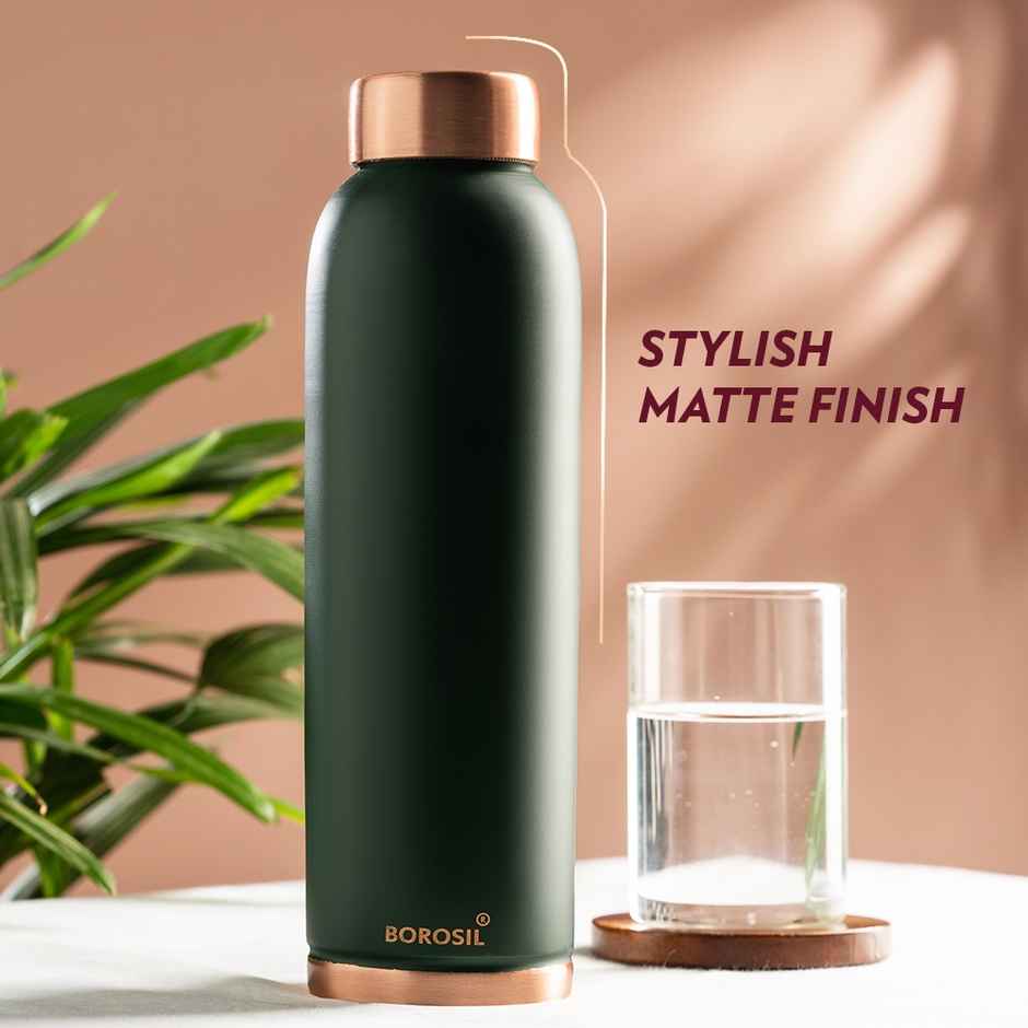 Borosil 1 L Colour Copper Bottle, Green, 100% Pure Copper, Bpa Free & Leakproof