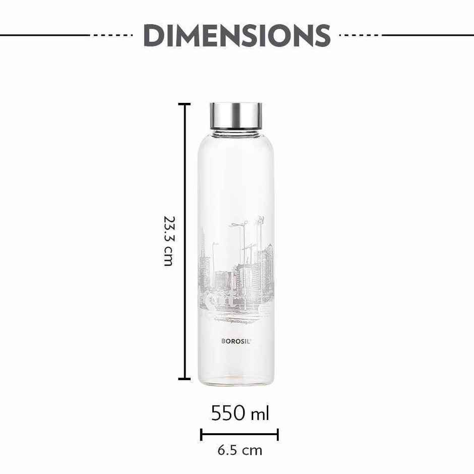 Borosil Roma Narrow Mouth Bottle with Metal Lid Borosilicate Glass Dishwasher Safe
