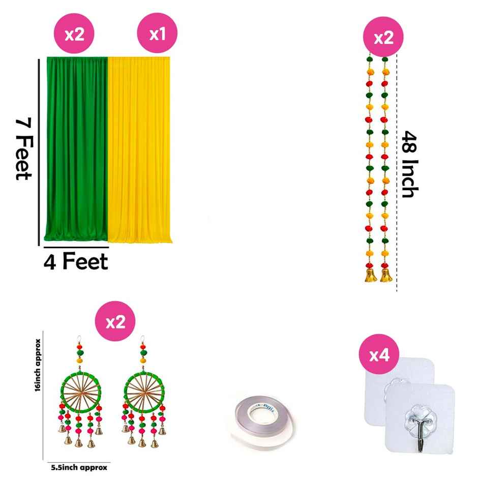 Green and Yellow Backdrop with Pom Pom Hangings for Haldi Mehndi | Party Propz