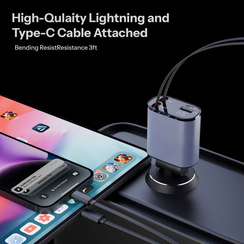 Ailkin 120W Retractable Car Charger 4-in-1 Fast Charger | USB-C & Lightning Cables | Dual USB Port