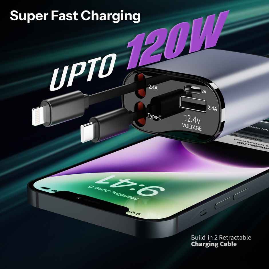 Ailkin 120W Retractable Car Charger 4-in-1 Fast Charger | USB-C & Lightning Cables | Dual USB Port