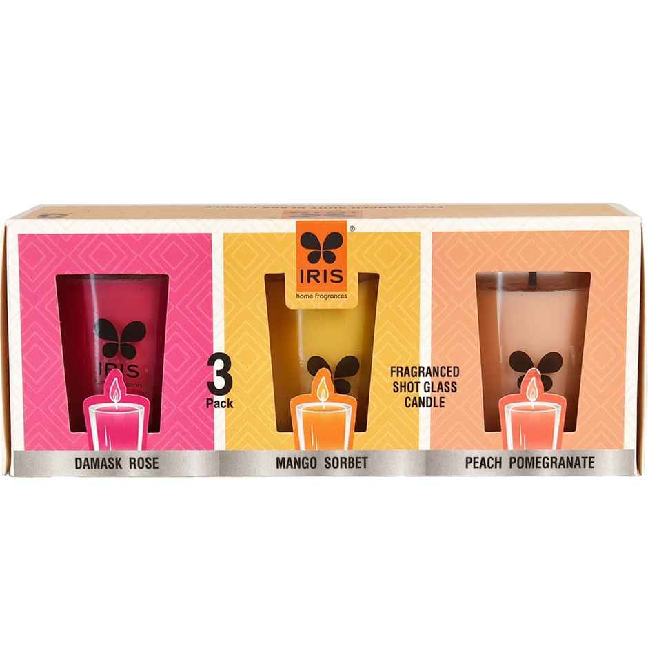 IRIS Shot Glass Scented Candle | Damask Rose, Peach Pomegranate And Mango Sorbet