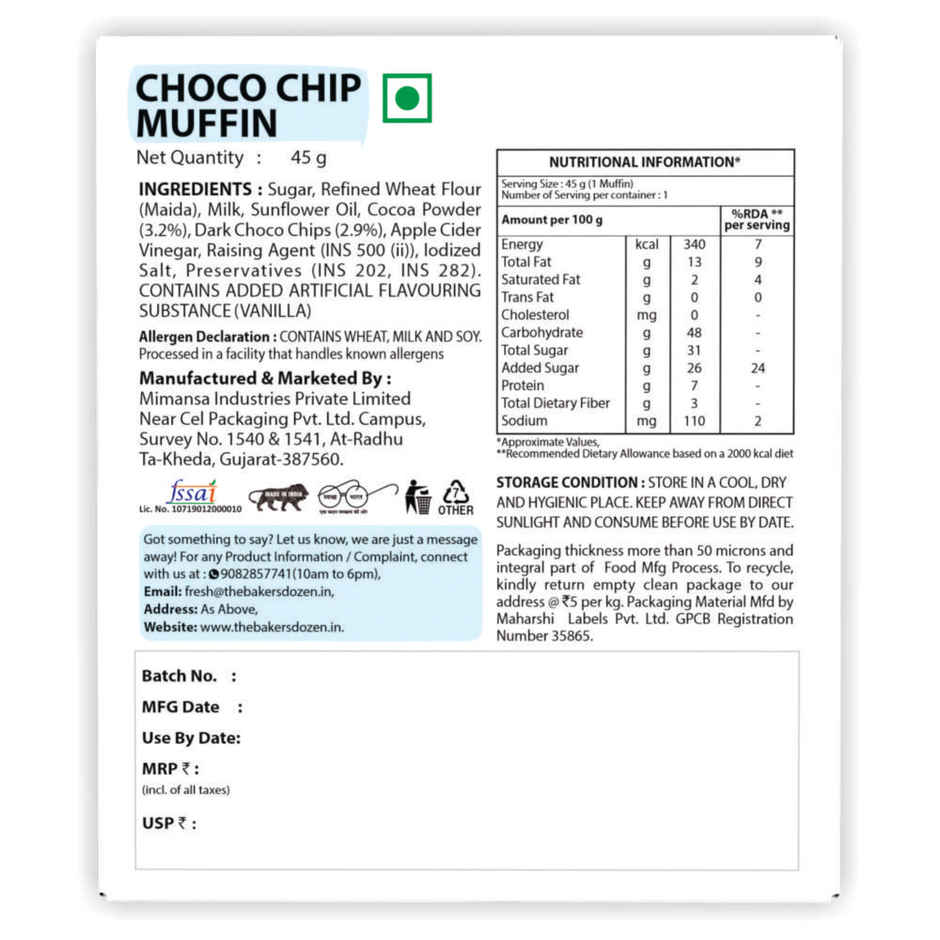 The Baker'S Dozen Choco Chip Muffin | Soft & Chocolatey (45g) & The Baker'S Dozen Zero Maida Fruit Cake Rusk - High Protein (100g) Combo