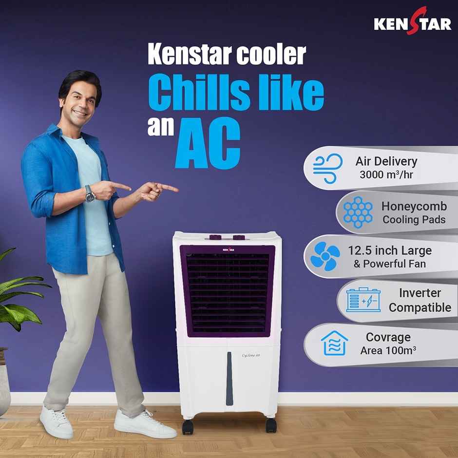 Kenstar 40 L Room | Personal Air Cooler | White & Purple | Cyclone Hc 40