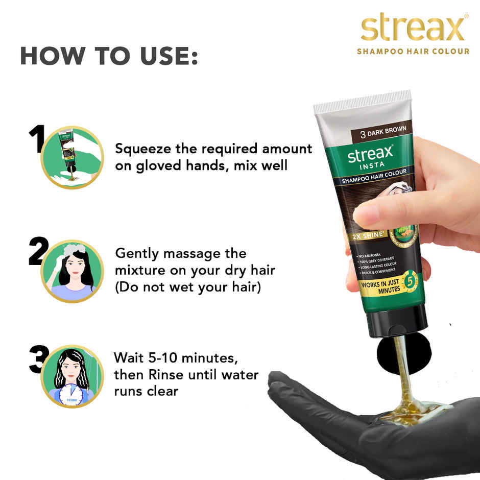 Streax Insta Shampoo Hair Colour - Dark Brown, Easy Diy- Squeeze Pack
