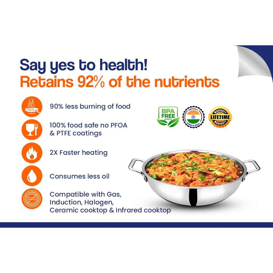 Bhalaria Triply Stainless Steel Kadai | 24 cm | 2.5 L | Glass Lid | Gas & Induction Compatible