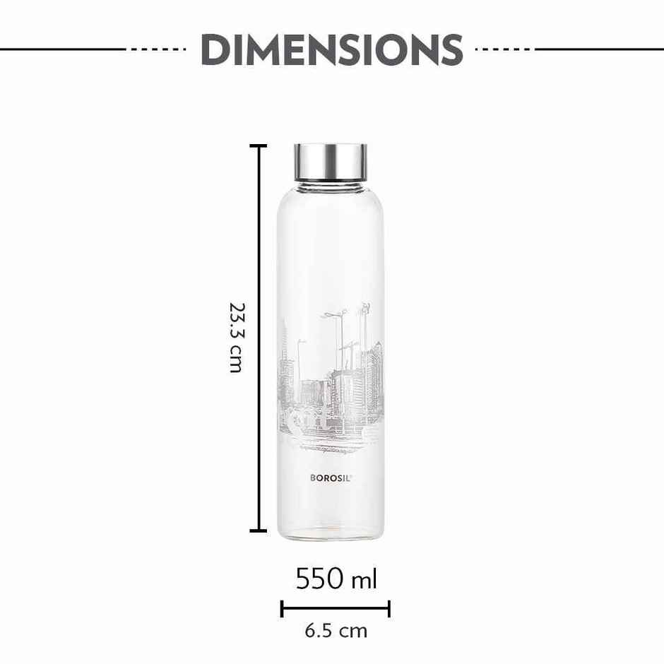Borosil Roma Narrow Mouth Bottle with Metal Lid Borosilicate Glass Dishwasher Safe