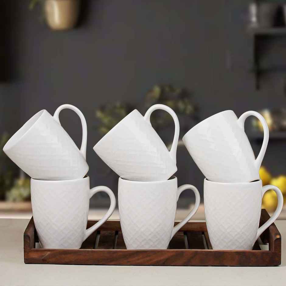 The Earth Store White Check 400 ml Ceramic Coffee Mug Microwave Safe Mug for Gift