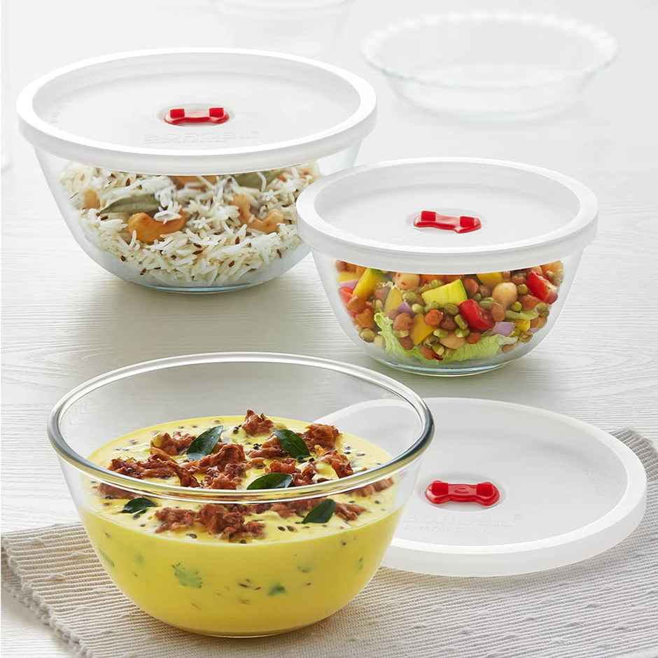 Borosil Glass Serving & Mixing Bowls With Lids, Set of 3 (500 ml + 900 ml + 1.3 L)