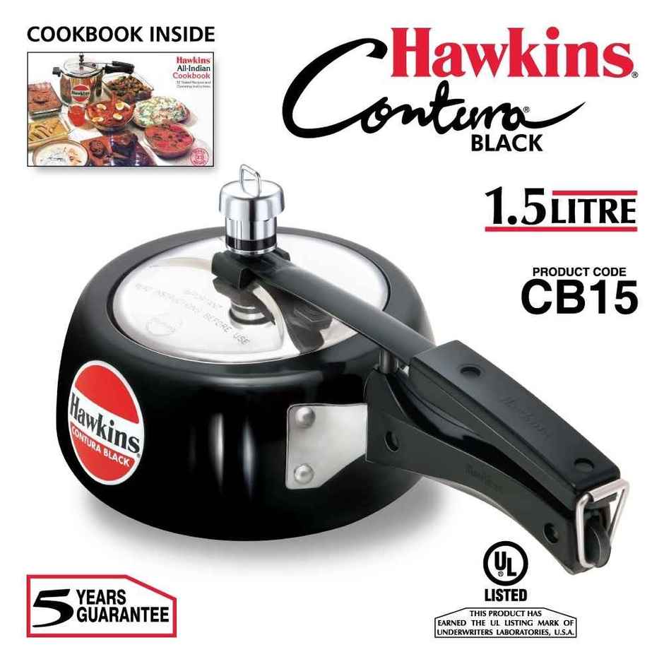 Hawkins 1.5 Litre Contura Black Pressure Cooker Hard Anodised Inner Lid Cooker Small Cooker - Black