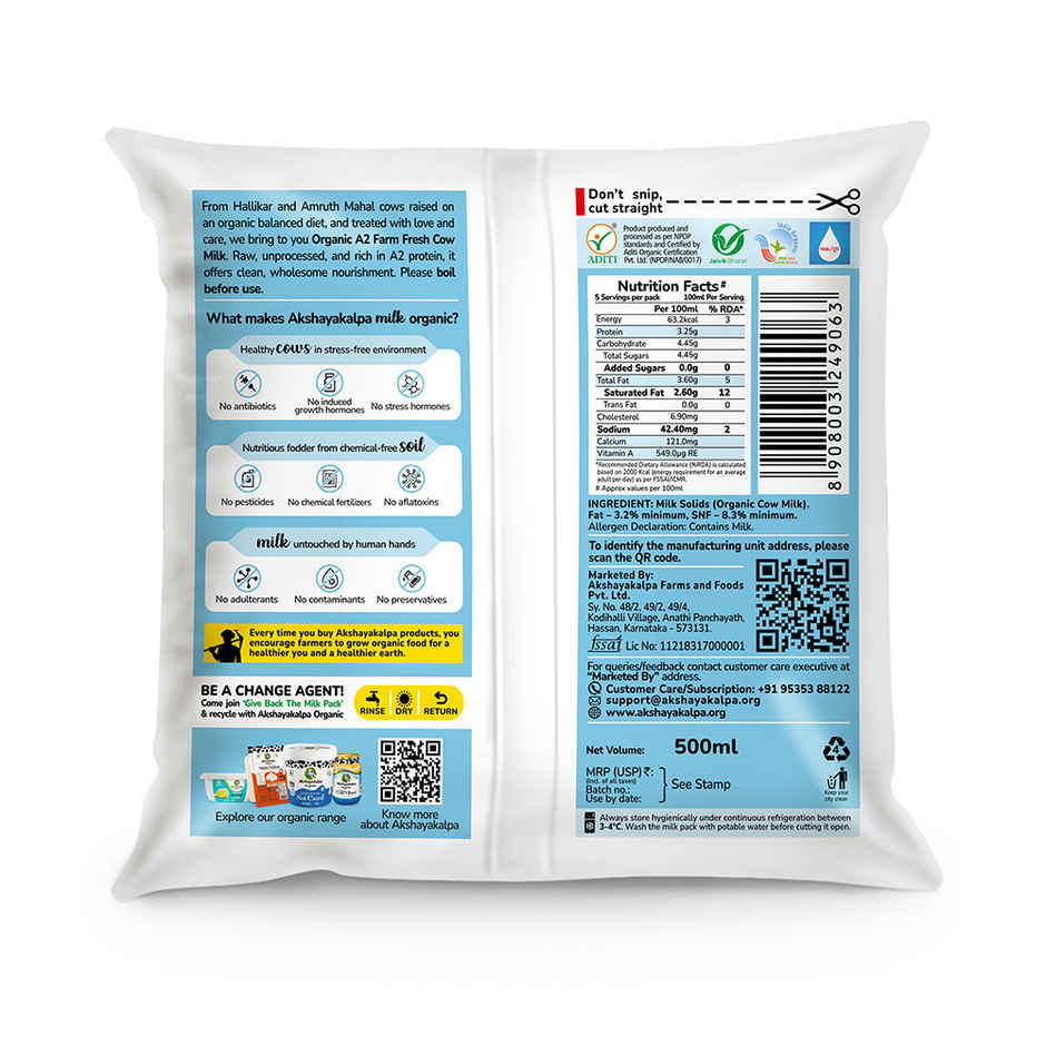 Akshayakalpa Amrutha - A2 Farm Organic Cow Fresh Milk | Pouch