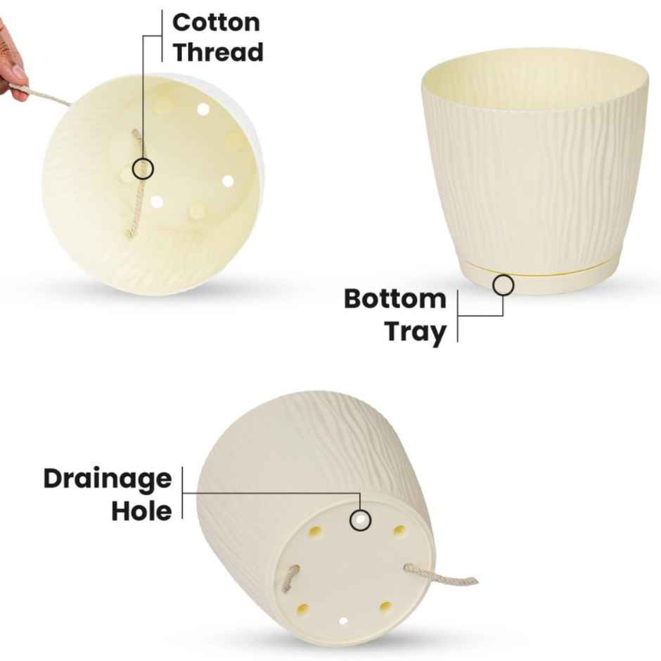 Nurturing Green - Ivory Self Watering Pots with Tray | Set of 5 | Size: 14cm x 12.5cm