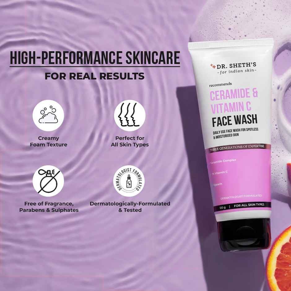 Dr. Sheth's Ceramide & Vitamin C Brightening Face Wash |Cleanses, Hydrates, Reduces Dark Spots
