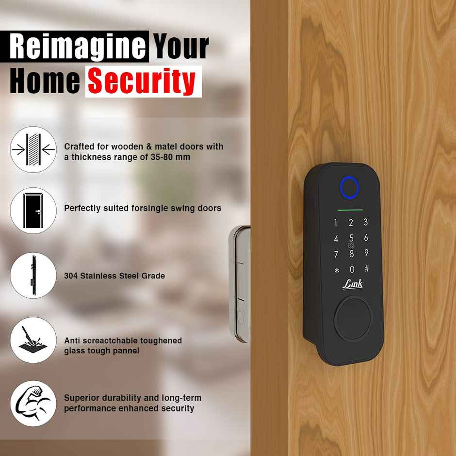 Link Smart Flexi Digital Biometric Rim Lock for Main Door | Mobile app with Wi-Fi | Black
