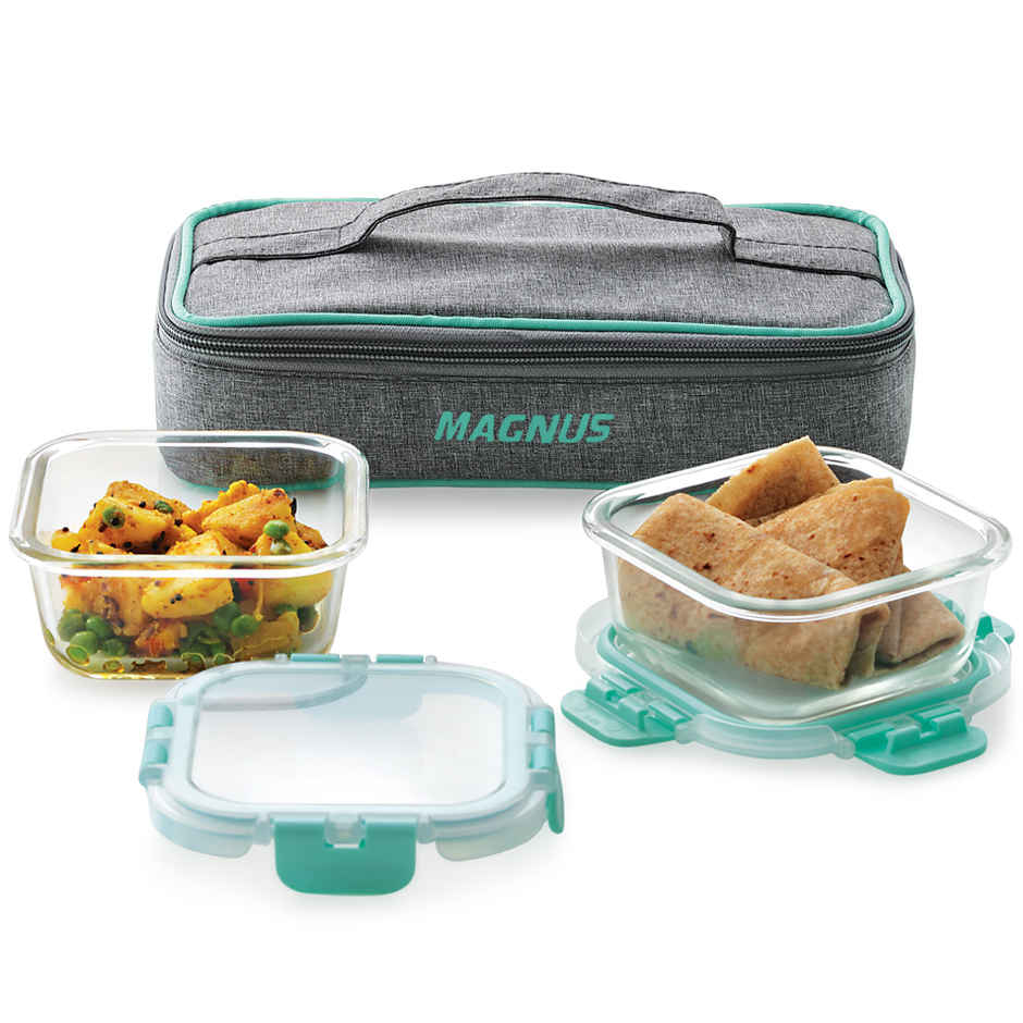 Magnus 320 ml Glock Linen Glass Lunch Box with Flat Pouch and Detachable Clip | 2 Square Containers