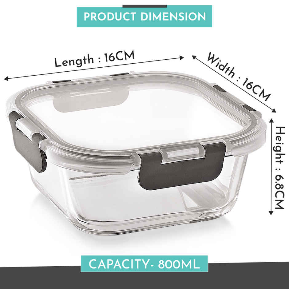 Magnus Glock 800 ml Square Grey Container with Airtight Lid & Detachable Lock, Borosilicate Glass