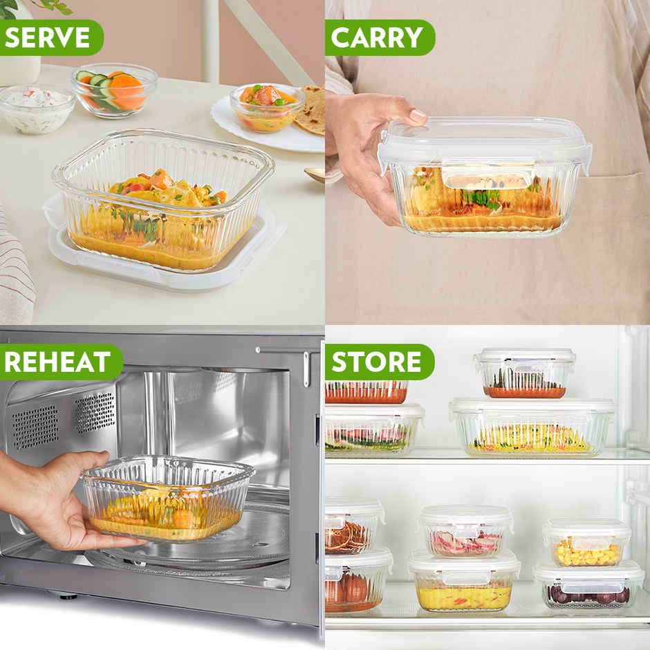 Borosil Fluted Klip N Store Square Food Storage Container Borosilicate Glass Microwave Safe