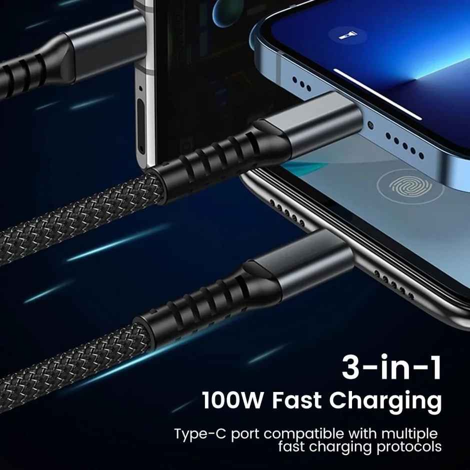 Sounce 120W-6A Fast Charging Usb 3.0 Cable 4 Ft - 1.2 m To 3-In-1 Long Charging Cord | Grey