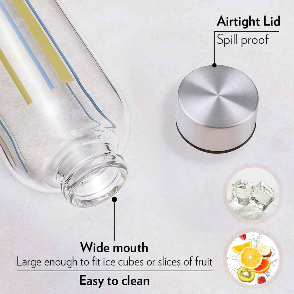 Borosil Sintra Narrow Mouth Bottle with Metal Lid Borosilicate Glass Dishwasher Safe