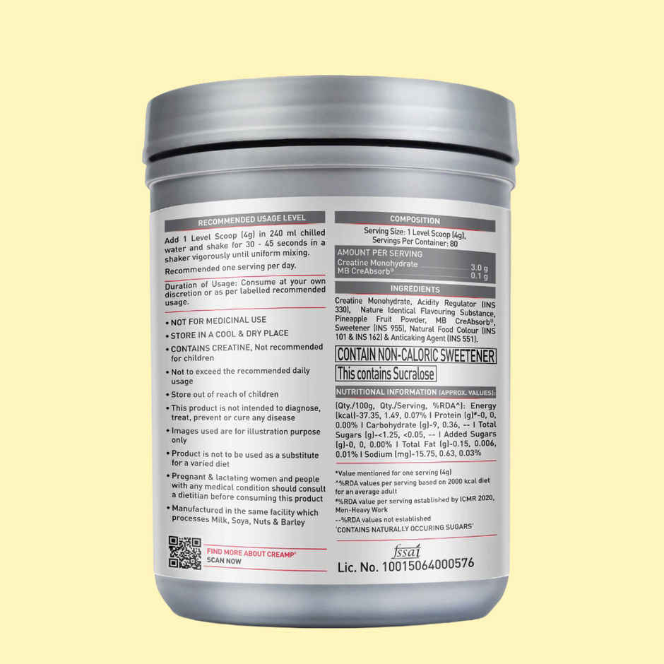 MuscleBlaze Creatine Monohydrate CreAMP with CreAbsorb | 80 Servings | Citrus Blast