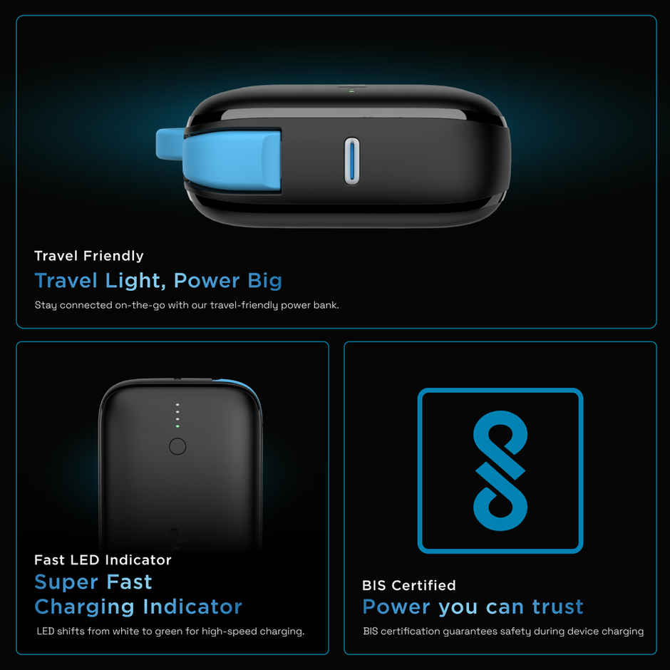 URBN 10000 mAh Nano Link Wired Power Bank with in-Built USB-C Cable| 22.5W Fast Charging | Type C PD (Input& Output) | Made in India | Two Way Fast Charge | for iPhone, Android & More - Black