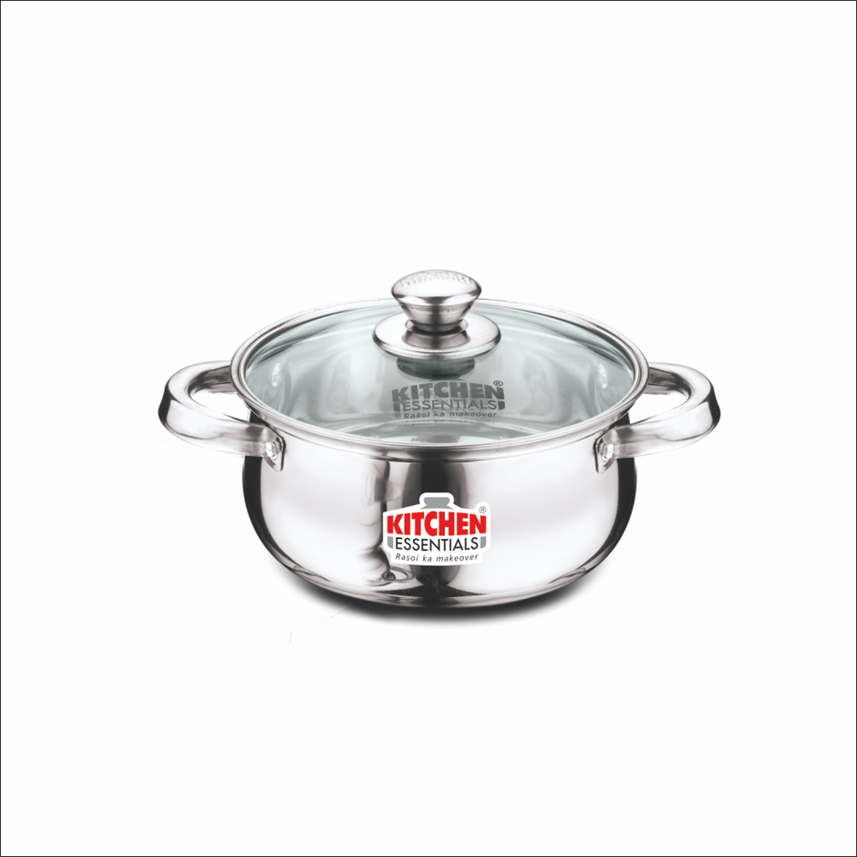 Kitchen Essentials Stainless Steel Flat Bottom Tall Belly Casserole With Glass Lid 16Cm (2L)