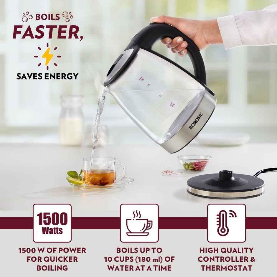 Borosil Electric Glass Kettle Extra Long Cord Dry Boil Protection 1500W 360 Degree Rotating Base