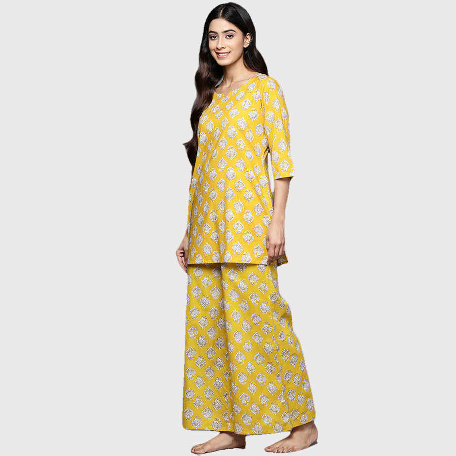 Libas Women Mustard Cotton Floral Kurti With Cotton Pyjamas - 50176M