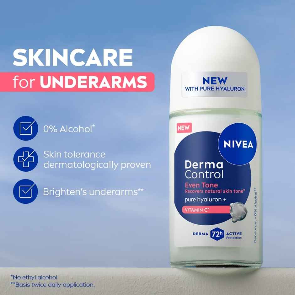 NIVEA Derma Control Eventone Alcohol, Pure Hyaluron and Vit C Underarm Roll On Women