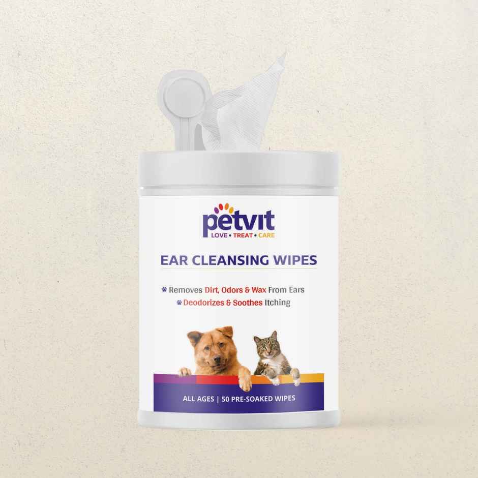 Petvit Ear Cleansing Wipes For Dogs And Cats To Remove Dirt - Fragrance Less | 50 Pulls Per Pack