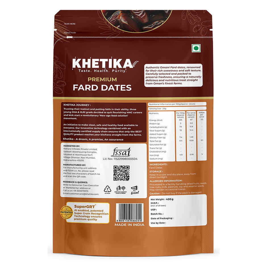 Khetika Premium Fard Dates | Khajoor, Khajur | Rich in Fibre | No Added Sugar