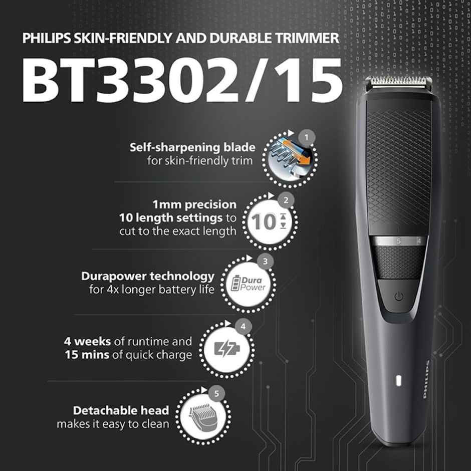 Philips Cordless Beard Trimmer for Men with Lift & Trim Technology|10 Length Setting|BT3302/15
