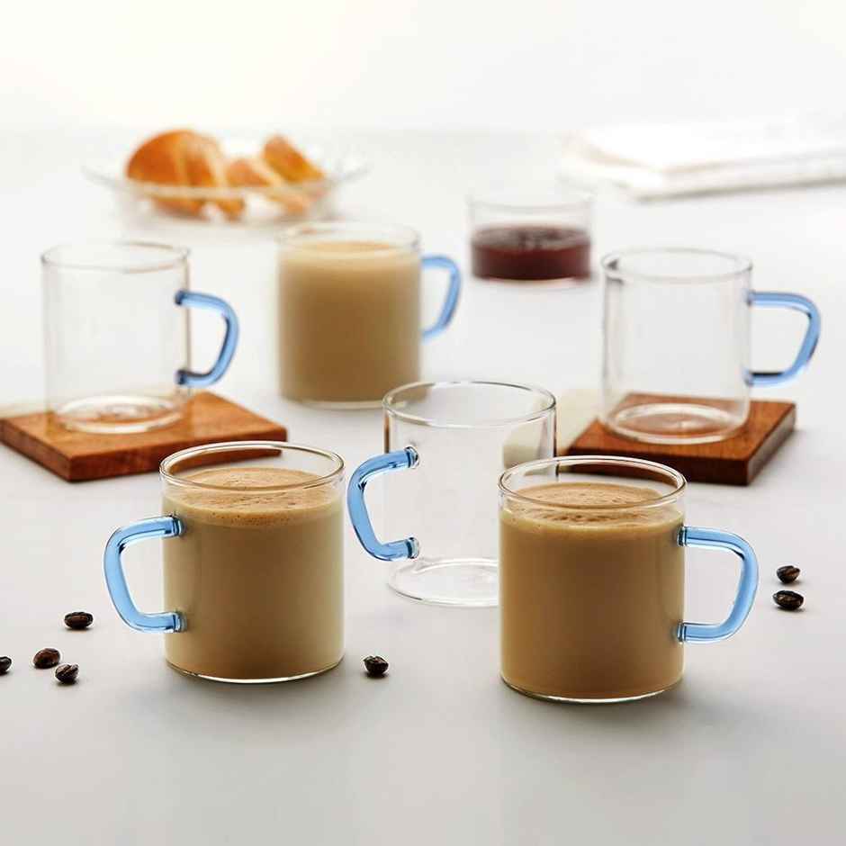 Borosil Vision Classic Mug Set With Blue Handle (190 ml) | Borosillicate Glass | Microwave Safe